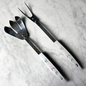 Mid Century Peach Blossom Kitchen Utensils Carving & Salad Forks Stainless Steel